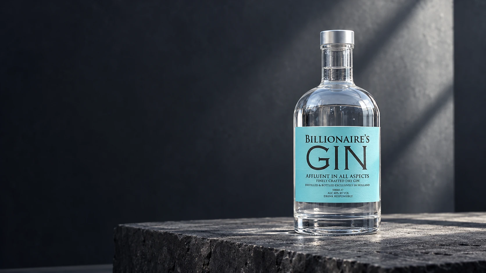 Billionaire’s Gin met turquoise etiket en zilveren dop